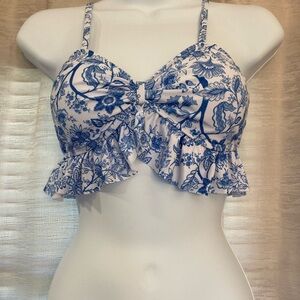 Shein Blue & White Floral Ruffle Bikini Top 14Y